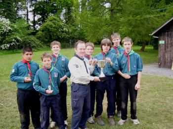Patrol Leader Graham Walker, Assistant Patrol Leader Chris Hylands and patrol members Philip Coulter, Claudio Manso, Andrew Reid, Patrick Hylands and Richard Graham from 1st Hillsborough Scout Troop are pictured receiving the overall winners trophy from Assistant District Commissioner Colin Watson.
