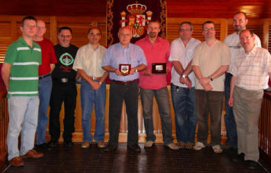 Local music group �Slemish� pictured at an exchange of city plaques during their trip to Puertollano, Spain on Monday 10th to Tuesday 16th October.  L to R: Paul McComiskey (Lambeg Baptist), Andrew Herron (Baptist Missions France), George Allen (Lambeg Baptist), the Pastor of Puertollano Church, the Minister of Culture - Puertollano, David Montgomery (Moira Baptist), David Black (Lambeg Baptist), Nigel Cameron (Strandtown Baptist), Ivan Adair (Lambeg Baptist) and Albert Smylie (Lisburn Baptist).