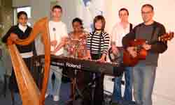 Members of the LCF Worship Band pictured at morning worship in Lisburn Christian Fellowship last Sunday morning (17th December). L to R: Jessica Thompson (harp), James Toal (percussion), Willetta Fleming (violin), Elaine Honeyford (keyboards), Niall Hilary (bass) and Mark Wilkinson (guitar).