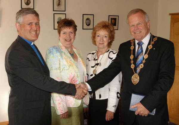 The Rev Bobby Liddle welcomes the Mayor - Councillor Trevor Lunn to morning worship in Legacurry Presbyterian Church on Sunday 20th May. Included are Mrs Ann Liddle (left) and the Mayoress - Mrs Laureen Lunn. (Photo by Aaron McCracken).