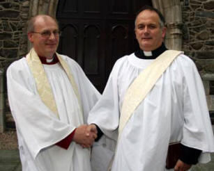 The Rev Canon George Irwin, Rector of St Mark's, Ballymacash, congratulates Kenneth Gamble following his Ordination in the Auxiliary Ministry for the Curacy of Ballynacash.
