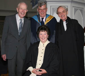 Rosalind Taggart pictured after being presented with a preaching gown by Alfie Martin - Clerk of Session (left) at a Service of Licensing in First Presbyterian Church (Non-subscribing) Dunmurry on Tuesday 26th June. Included in the photo are Brian Shaw (organist) and the Minister of Dunmurry, the Very Rev William McMillan (right).