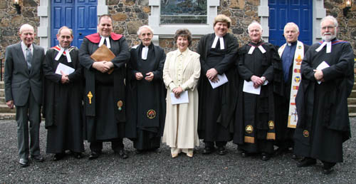 Rosalind Taggart pictured with the Presbytery of Antrim at a Service of Licensing in First Presbyterian Church (Non-subscribing) Dunmurry on Tuesday 26th June. L to R: Mr Alfie Martin (Clerk of Session), Rev Dr John Nelson (Clerk of Presbytery), Rev Dr Paul Reid (Moderator of the Presbytery of Antrim), Very Rev William McMillan (Minister of Dunmurry, Rosalind Taggart, Rev Dr David Steers (Downpatrick, Ballee & Clough), The Rt Rev Tom Banham (Moderator of the Non-Subscribing Presbyterian Church of Ireland), Rev Chris Hudson (All Souls, Belfast) and Rev Colin Campbell (Ballyclare and Holywood).