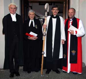 The Bishop, pictured with his Chancellor and Chaplain prior to entry into Christ Church Cathedral, Lisburn on Thursday 6th September where he was received by the Bishopric of Connor. L to R: Mr Willoughby Wilson Q.C. - Chancellor of the Diocese, Rev Canon Edgar Turner - Registrar, Rev Clifford Skillen - the Bishop's Chaplain and The Rt Rev Alan Abernethy - Bishop of Connor.