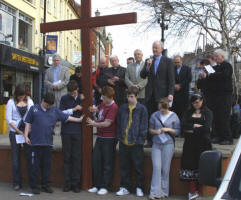 The Rev Brian Gibson, minister of Railway Street is pictured leading a prayer at the short act of worship in Market Square on Good Friday. 