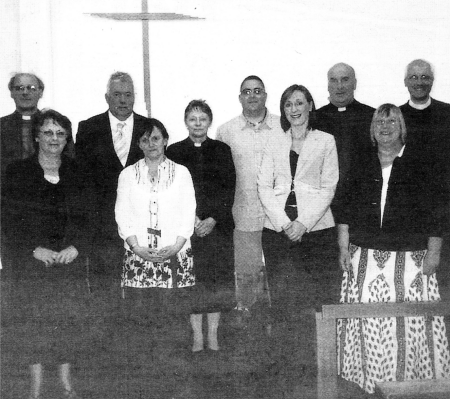 Canon George Irwin, Rector of Ballymacash and Warden of Readers for the Diocese of Conor with Mrs. Myrtle McKay, Mr. Jim Walker, Mrs. Janet Spence, Mrs. Edith Quirey, Rector of St. Stephen and St. Luke, Belfast, Mr. Richard Taylor. Miss Nicola Dickson, Rev. David Boyland, Rector of Kilmakee. Miss Margarita Johnston and Canon Gregory Dunstan, Rector of St. Matthews, Belfast and Tutor of Readers Training Course.