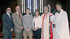 Candidate Tom Beatty is pictured with his parents David and Nicola at a Confirmation Service in St Malachy's Parish Church, Hillsborough on Sunday 13th January. Included in the picture are Johnny Beare - Youth Minister (left) and the Rt Revd Harold Miller - Bishop of Down and Dromore and Revd Simon Richardson - Curate Assistant (right).