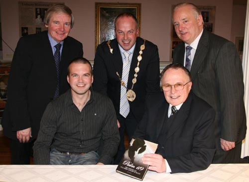 At the book launch in the Assembly Room of the Linen Centre, Lisburn on Saturday 1st March are L to R: (seated) The Rev Dr John Douglas and his son David (left) a Graphic Designer, who produced the Book Cover art work. . (back row) Joe Costley (Managing Director of JC Print), Councillor James Tinsley (Lisburn Mayor) and the Rev Dr Stanley Barnes.