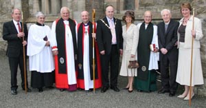 L to R: Chris Cusdin (Rector's Churchwarden), John Williams (Parish Reader), Lord Eames, Rt Rev Alan Abernethy (Bishop of Connor), Councillor James Tinsley (Mayor), Mrs Margaret Tinsley (Mayoress), Rev Hamilton Leckey, Rev Canon Terry Rodgers and Roberta Campbell (People's Churchwarden).