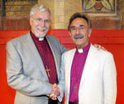 The Bishop of Down and Dromore, The Rt Rev Harold Miller welcomes guest speaker Bishop Derek Eaton to the opening evening of Bishop's Bible Week in Willowfield Parish Church, East Belfast last night (Tuesday 26th August).