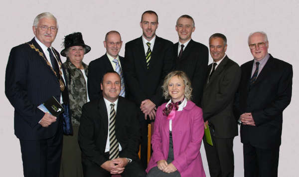 L to R (back row) Councillor Ronnie Crawford (Lisburn Mayor), Mrs Jean Crawford (Mayoress), Dr Sam Gordon (Guest Preacher) and elders Mr Andy Lilburn, Mr Peter Smyth, Mr Maynard Mawhinney and Mr Adrian Patterson.