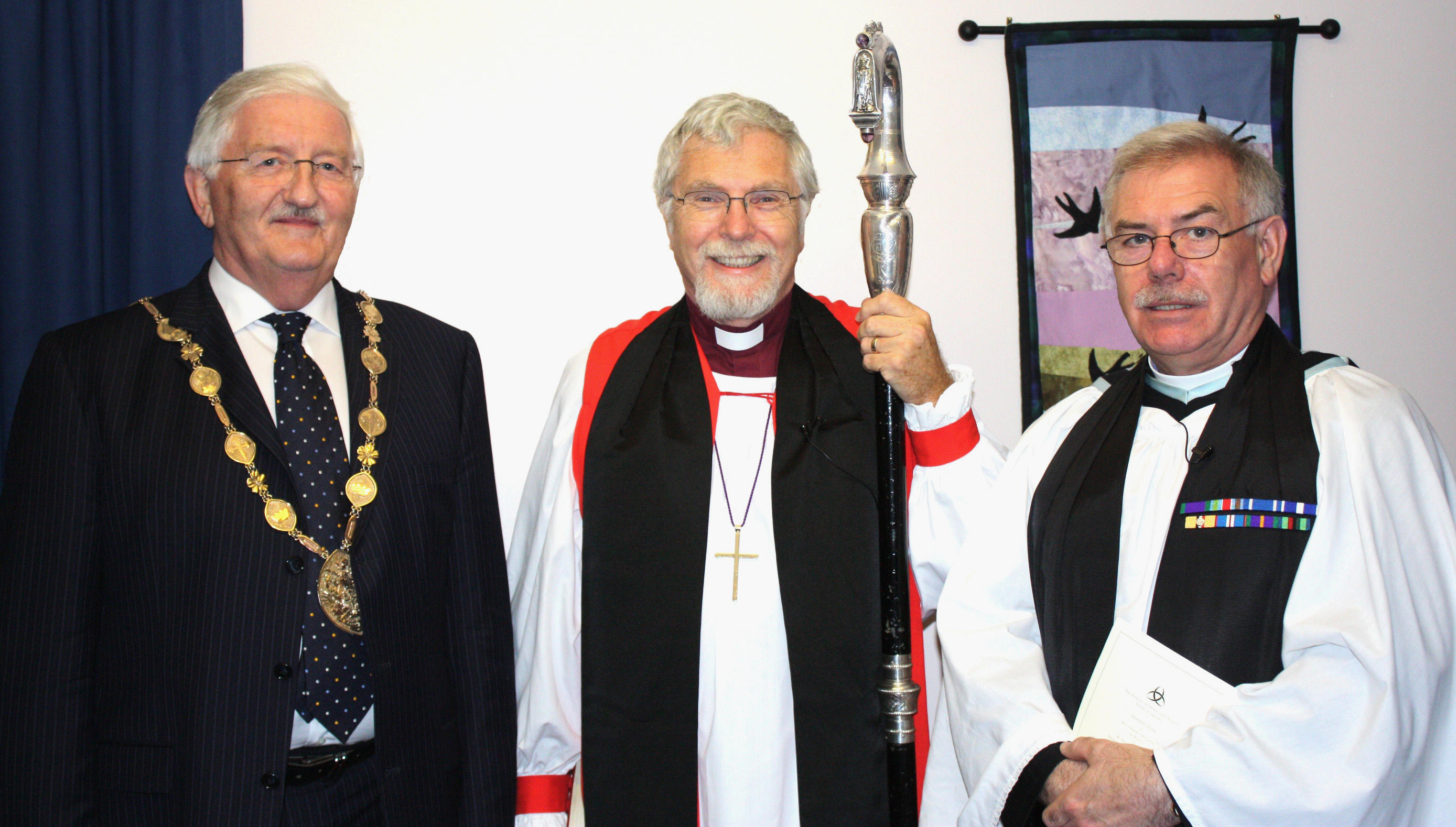Lisburn Mayor, Cllr Ronnie Crawford pictured with the Rt Revd Harold Miller (Bishop of Down and Dromore) and the new Rector of Aghalee, the Revd Charles McCartney.