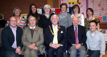 L to R: (front) Keith Parker, Tom McKinstry, Lisburn Mayor Councillor Ronnie Crawford, Bob Evans (USA) and David Frazer. (back row) Joan McKinstry, Judith Reid, Dorothy Armstrong, Elizabeth Spence, Avril McGrath and Maureen Jamieson.