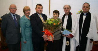 L to R: Ian Somerville, (Former member of Select Vestry), Irene Kirker (People's Churchwarden), David Armstrong (Rector's Churchwarden), Mrs Deirdre Irwin (Rector's wife), the Rev Canon George Irwin (Rector) and the Rev Kenneth Gamble (Curate).