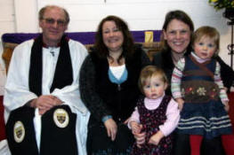 The Rev Canon George Irwin (Rector) and Kathryn Wells and her 20-month-old twin daughters Anna (left) and Erin are pictured with the guest speaker, who is also a twin, Julie Currie of CMS Ireland.