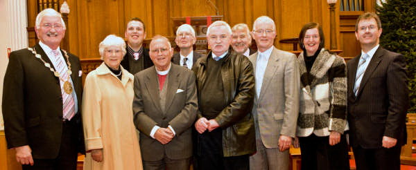 At the book launch are L to R: Lisburn Mayor, Councillor Ronnie Crawford, Mrs Kathleen Cromie, Councillor Andrew Ewing, The Very Rev Dr Howard Cromie, Mr Victor Hamilton, John Kelly, Noel McMaster (Bakerloo Junction), The Rev Brian Gibson, Mrs Jean Gibson and Lagan Valley MP Jeffrey Donaldson MLA.