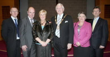 At the Action Cancer Family Service in Trinity Methodist Church last Sunday afternoon (7th December) are Cairan O'
Neill (Chairperson of Action Cancer), Eddie Bell, Norma Bell MBE, Councillor Ronnie Crawford (Mayor), Mrs Jean Crawford (Mayoress) and Lagan Valley MP Jeffrey Donaldson MLA.