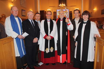 L-R: Robert Logan (Diocesan Lay Reader), Gerald Dillon (People's Church warden), Barry Harrison (Parish Reader), The Revd Canon Roderic West (Rector), the Rt Revd Harold Miller (Bishop of Down and Dromore), Raymond McCauley (Rector's Church warden) & the Revd Joanne Megarrell (Curate) at the service of thanksgiving and re-dedication of St John's Parish Church, Moira