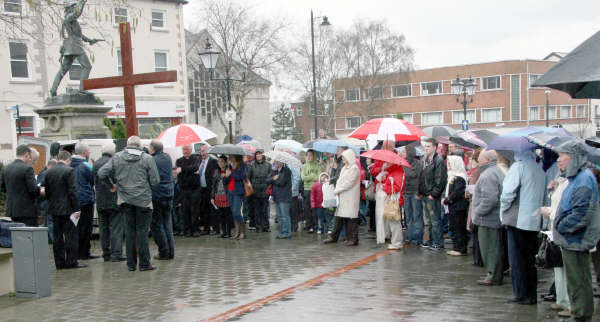 Crowds gathered for a short act of worship in Market Square, Lisburn on Good Friday.