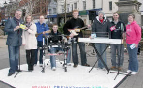 Members of Hillhall Presbyterian Church pictured in Lisburn city centre last Saturday afternoon (28th February) promoting the church’s dynamic new Christian youth event ‘Illuminate’. L to R: Rev Paul Jamieson, Sharon McMullan, Wayne Nicholson, Steve Lockhart, Tim Gunning, John McCreedy, Dave Brown and Claire Mitchell.