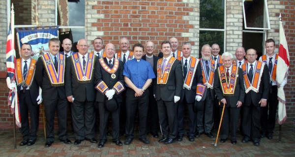 L to R: (centre at front) Bro Fred Willoughby (Worshipful District Master), Bro Tom Kerr (Deputy District Master), Rev Paul Dundas, Rev John Pickering, Lagan Valley MP Jeffrey Donaldson, Bro Jim Ferguson (District Lay Chaplain), Bro Robert Orr (District Treasurer) and Bro Jim Halliday (District Lecturer).