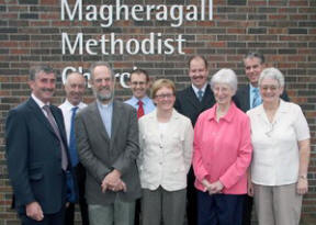  Rev Dr Peter Mercer and his wife Hazel pictured last Sunday (2nd August) with members of Magheragall Church Council. L to R: (front row) Mr Clem Gilbert (Society Steward), Rev Dr Peter Mercer, Mrs Hazel Mercer, Miss Nathalie Scott, Miss Bobbie Wadsworth and Miss Roberta England. (back row) Mr Alan Hamilton, Mr James Wright, Mr Roger McLernon and Mr Ian Macauley. 