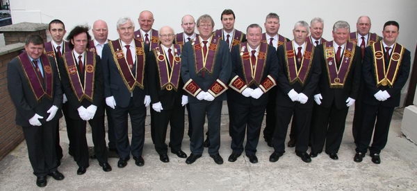 Apprentice Boys of Derry, No Surrender Club, Broomhedge Branch. Included are L to R: (centre at front) Worshipful Bros Tom Cherry (Vice President), Alan Connelly (President) and Derek McKnight (Chaplain 