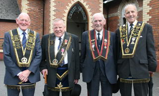 Sir Knights, who have each served over 60 years in the Royal Black Institution. L to R: Sidney Wilson (Past County Grand Master), Eric Gamble (PDM Lisburn RBDC No 1), Fred Scandrett (RBP 166 Treasurer) and George Swain (PDM Largymore RBDC No 9).