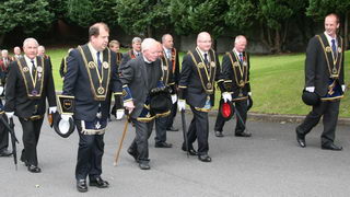Lisburn Royal Black District Chapter No 1 pictured as they approach Christ Church. L to R: Sir Knights - Norman Bell (Past District Master), David Burleigh (Worshipful District Master), Rev Gerry Sproule (District Chaplain), Colin Preen (District Registrar), Edward Carson (District Treasurer) and Matthew Tinsley (Deputy District Master). Included (right in third row) is former mayor, Councillor James Tinsley.