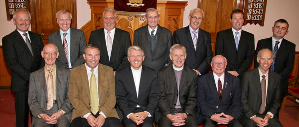 Members of Kirk Session pictured at a ‘Launch Weekend’ in Trinity Boardmills Presbyterian Church last Sunday evening. L to R: (front row) Hubert Patterson, Adrian Patterson (Clerk of Session), The Rt Rev Dr Stafford Carson (Presbyterian Moderator, Rev Tom Harte, David Patterson and Lindsay Hanna. (back row) Martin Scott, Trevor Scott, Robert Kirk, Frank Fox JP, James Crothers, Alastair Martin and Mark Conroy.  
