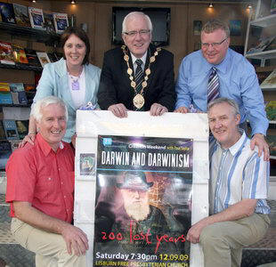 Lisburn Mayor Councillor Allan Ewart pictured promoting the ‘Creation weekend’ last Saturday afternoon (12th September) with Councillor Jenny Palmer and Lisburn Free Presbyterian Church’s Alan Givan (left) and speaker Paul Taylor and Hillsborough Free Presbyterian Church’s Roy Elliott (right).