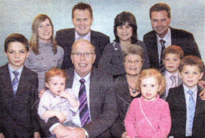 Rev Dr Fred Greenfield and his wife Jean with their son Paul and daughter- in-law Fiona (left) and daughter Anne and son-in-law Laurence Crawford (right). Also included are their five of their eight grandchildren Caleb and Amy Greenfield; Matthew Crawford (left) and David and Stephen Crawford (right).