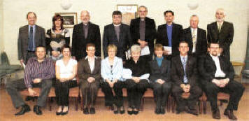 The new elders and the Commission members of the Dromore Presbytery. Back row, left to right: Mr Derek Alexander (Session Clerk, Harmony Hill); Mrs Kim Lindsay (Representative Elder, Harmony Hill); Rev. David Knox (Acting Clerk of Presbytery and Minister of Harmony Hill); Rev. Howard Gilpin (Moderator of Presbytery and Minister of Moira Presbyterian); Rev. Bert Tosh (Dromore Presbytery and BBC); Rev. John Brackenridge (Dromore Presbytery and First Lisburn Presbyterian); Mr Tom Kincaid Representative Elder, First Lisburn Presbyterian); and Mr John Hughes (Representative Elder, Moira Presbyterian).