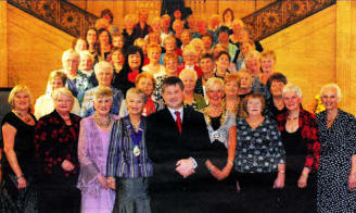 Basil McCrea MLA and members of Drumbo Women's Institute in the Great Hall. Included are Lucy Mulholland (President), Ethel Patterson (Chairman of the Federation of Women's Institutes) and Executive Members Ann McCurdy and Joan Shanks.