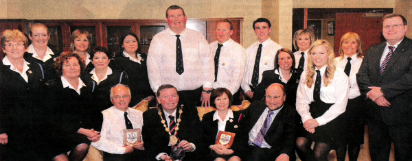 Lisburn Mayor Alderman Paul Porter pictured with his guests at a Mayoral Reception in Lagan Valley Island on Thursday 19th May to mark the 5Oth Anniversary if Drumbo Presbyterian Church Boys' Brigade and Girls' Brigade. Included are Norman Weekes (BB Captain), Alison Thompson (GB Captain), Rev Adrian McLernon (Chaplain) and (Councillor Jonathan Craig MLA (right).