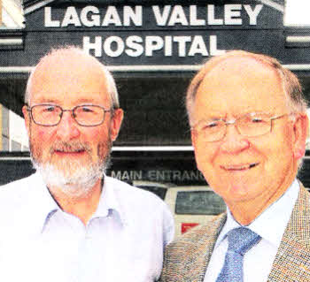 Brian Dorman, BM partner of the Christian Blind Mission with Eric Clarke CBM Country Manager pictured at Lagan Valley Hospital which donated equipment to the campaign. US3611-102AO