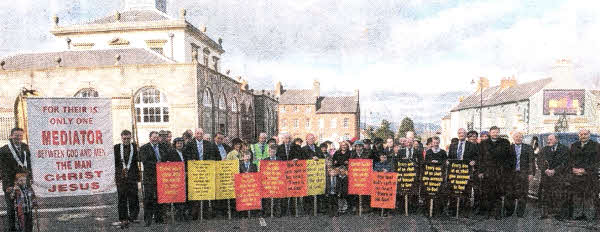 Members of Hillsborough Free Presbyterian Church at the start of a `March of Witness' from Hillsborough village to Hillsborough Free Presbyterian Church marking the start of a Gospel Mission.