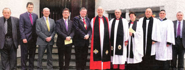 L to R: Ivan Donaldson (Churchwarden), Stephen Woodrow (Contractor), Paul Blamphin (Architect), Jeffrey Donaldson (Lagan Valley MP), Alderman Paul Porter (Lisburn Mayor), Most Rev Alan Harper (Archbishop of Armagh and Primate of All lreland), Rev Canon George lrwin (Rector), Rev Anne Taylor (Former parishioner), Rev Kenneth Gamble (Curate Assistant), Ricky Taylor (Youth Pastor) and Laurence Scott (Churchwarden).