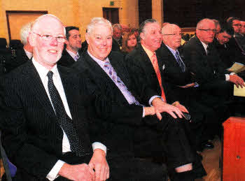 Representatives from Ballymacash L0L 317 and Lisburn District L0L No 6 at the Service of Re-hallowing and Dedication. L to R: Norman Martin, Jim Martin, Robert Orr, Billy Braithwaite and Alan Poots.