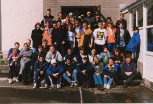 The last Inter Church camp in 1998.  Railway Street Church members in the photo are:  Colin Jamieson with his daughter Sarah-Jane is on the extreme left.  Second row: Alan Meban (2nd from left) Andrew Coggins (3rd from left).  Standing: (first row) Claire Mitchell (left).  Standing: (second row) Laura Bittle (4th from left), Stuart Bittle (behind Laura), Abigail Gowdy, XXX McKibben, Roger Gowdy (white T-shirt) and Allister Brown behind Roger.  Ryan Wilson (back row on the right).  In the very back row: (centre of the picture) is Aaron King who was a faithful and hard working leader of the Y Club since it opened in 1977.