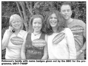 Rebecca's family with name badges given out by the BBC for the programme. US17-748SP