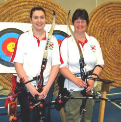 Amanda Mayne and Hazel Campbell from Lisburn City Archery Club who are members of the Northern Ireland Archery Squad which competed in the National Indoor Championships at Lilleshall National Sports Centre in March and are heading to Guernsey at the end of July for the Senior Euronations Competition.  Sponsorship from Sport Lisburn.  