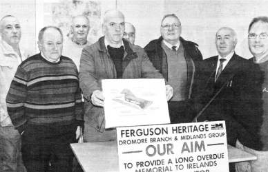 Members of the Ferguson Heritage Group at the recent Harry Ferguson Lecture. The group have been raising funds to enable the construction of a memorial to the great man at the Ferguson Homestead, Growell. Pictured left-to-right in the front row are Group Committee members: Sam Law, Jim Dennison, Robert Kerr, George Cromie, Eric Jess (Chairman of the Ferguson Heritage Group) and Roy Poots. Behind them are (left-to-right): David Poots and Andrew Dennison.