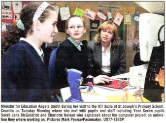 Minister for Education Angela Smith during her visit to the ICT Suite at St Joseph's Primary School, Crumlin on Tuesday Morning where she met with pupils and staff including Year Seven pupils Sarah Jane McGoldrick and Charlotte Nelson who explained about the computer project on animation they where working on. Pictures Mark Pearce/Pacemaker. US17-735SP