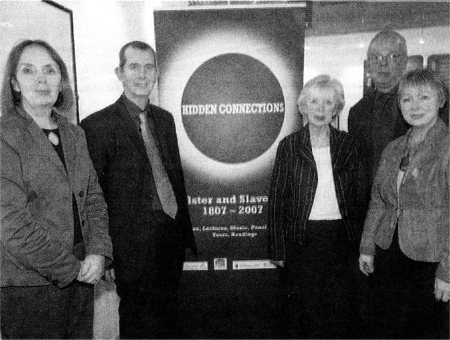 Culture Minister Edwin Poots with Doctor Grace McGrath (PRONI), Joan Christie, John Gray (Linenhall Library), and Beth Porter (Lisburn Library) at the "Ulster & Slavery' exhibition US5007401PM Pic by Paul Murphy