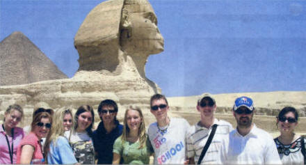 Youth Minister Johnny Beare (in the Italia hat) with the young people from Hillsborough Parish Church at the famous site of the Giza Pyramids and Sphinx.