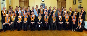 Br Will MacRoberts (Worshipful Master) and members of Whitehill LOL 258 pictured with District, County and Grand Orange Lodge Officers at a meeting marking the centenary of Whitehill Orange Hall.