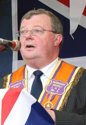 Bro Connor Gray (Worshipful District Master of Derriaghy LOL No 11) pictured during the platform proceedings at the ï¿½twelfthï¿½ demonstration field in Dunmurry.