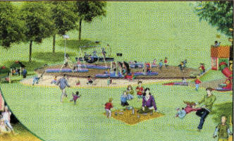 An artist's impression of families enjoying one section of the Wallace Park Playpark.