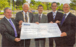 Lagan Valley MP, Jeffrey Donaldson and Councillor Ronnie Crawford, Mayor of Lisburn join Thomas McKenna (right) and George Smith (far right) of Crewe Utd in celebrating the club's success in receiving funding from the Alpha Programme. Also pictured is Frank McGlone (left)